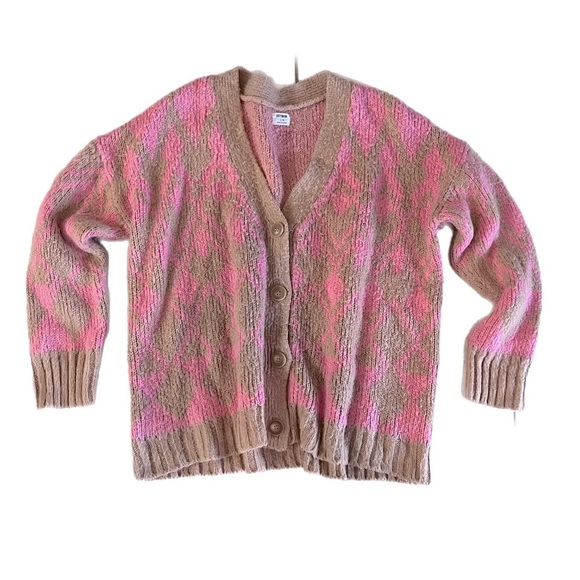 Cotton-on Super Soft and Fuzzy Cardigan Sweater in Pink and Tan Print Size Large - Picture 1 of 5